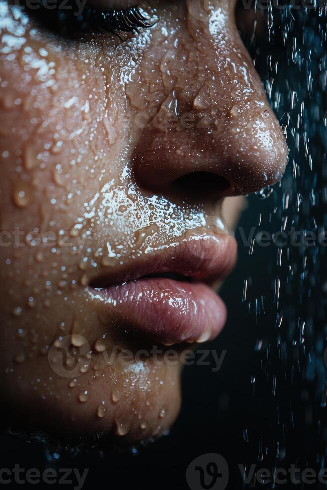 Close up of a persons face with water droplets photo