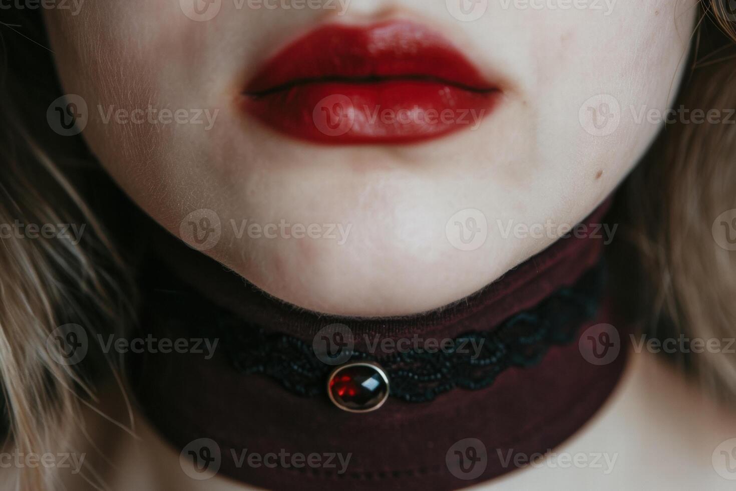 close up of womans lips with red lipstick photo