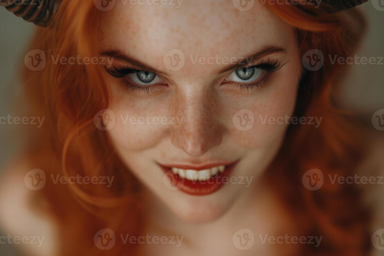 close up portrait of a smiling woman with red hair photo
