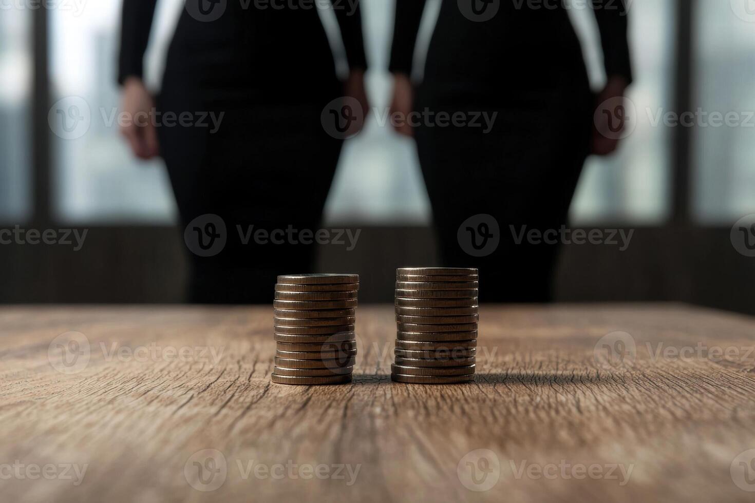 Stacks of coins on a wooden table with blurred business people in the background photo