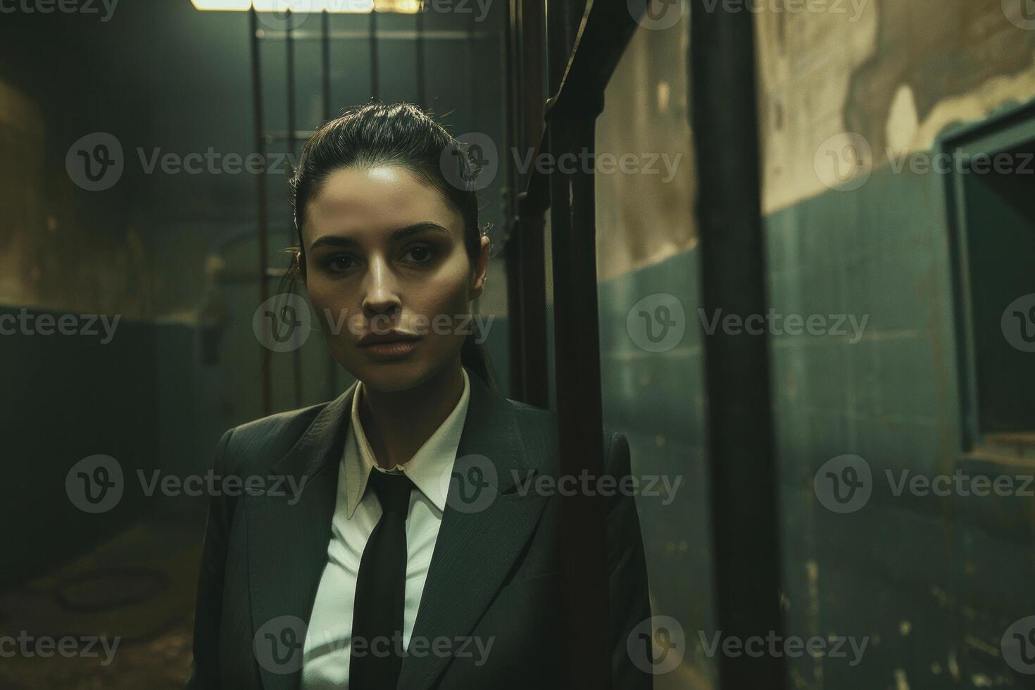 Serious woman in business attire standing in a dark hallway photo