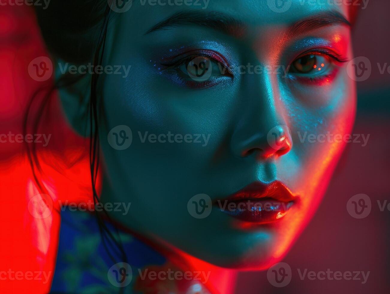 Dramatic portrait of a woman with vibrant makeup photo