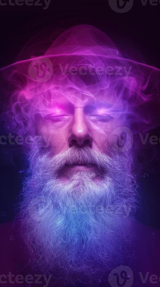 Mystical bearded man in purple smoke photo