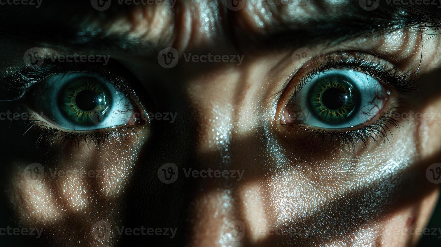 Intense green eyes with water droplets photo