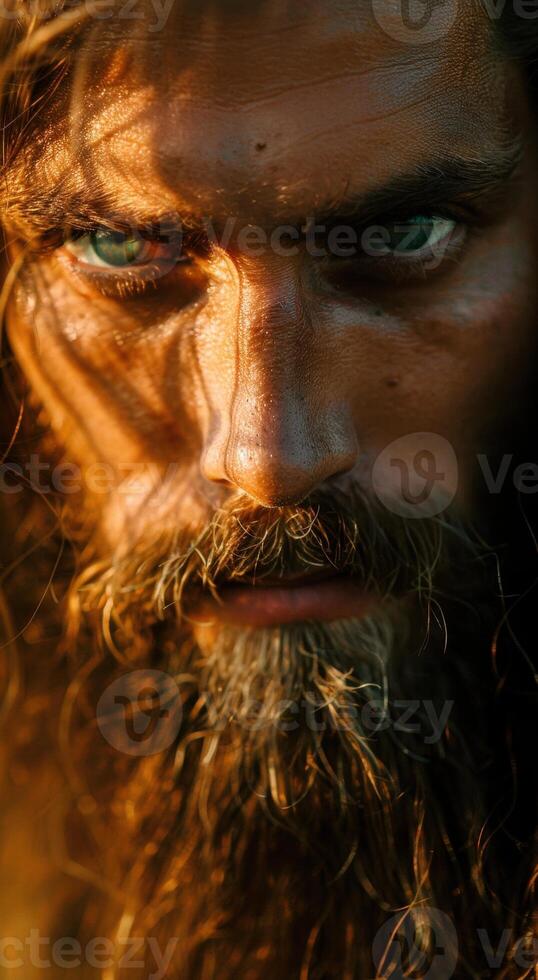 Intense gaze of a rugged man with a thick beard photo