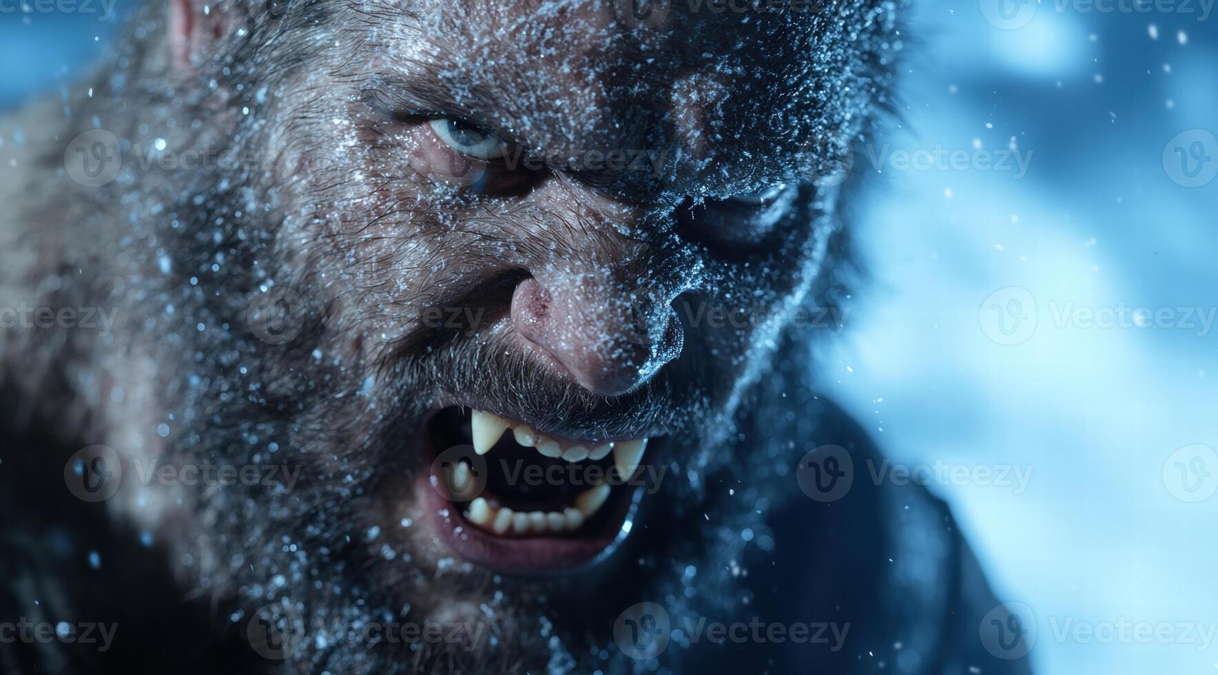 Intense close up of a fierce looking mans face in the snow photo