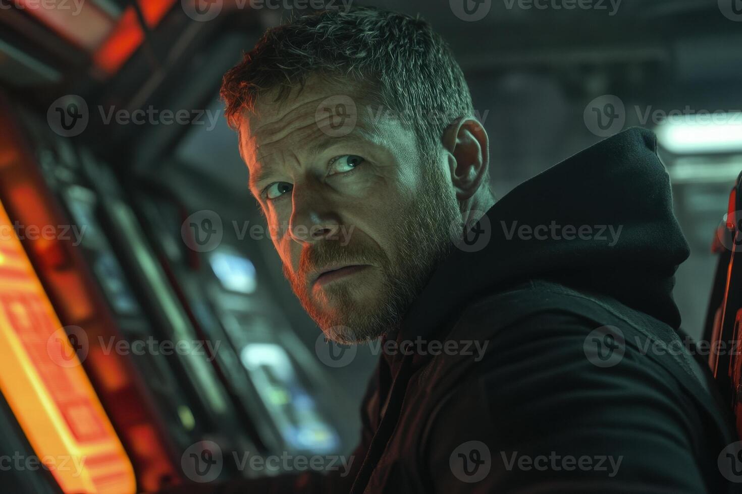 Intense expression of a bearded man in a dark environment photo