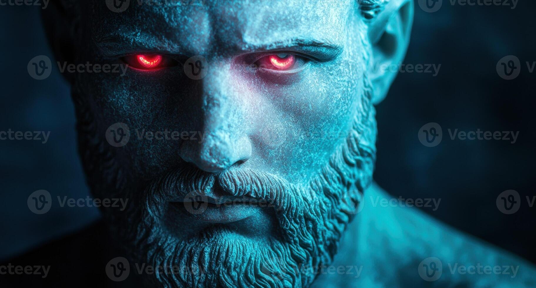 Intense glowing red eyes of a mysterious bearded figure photo