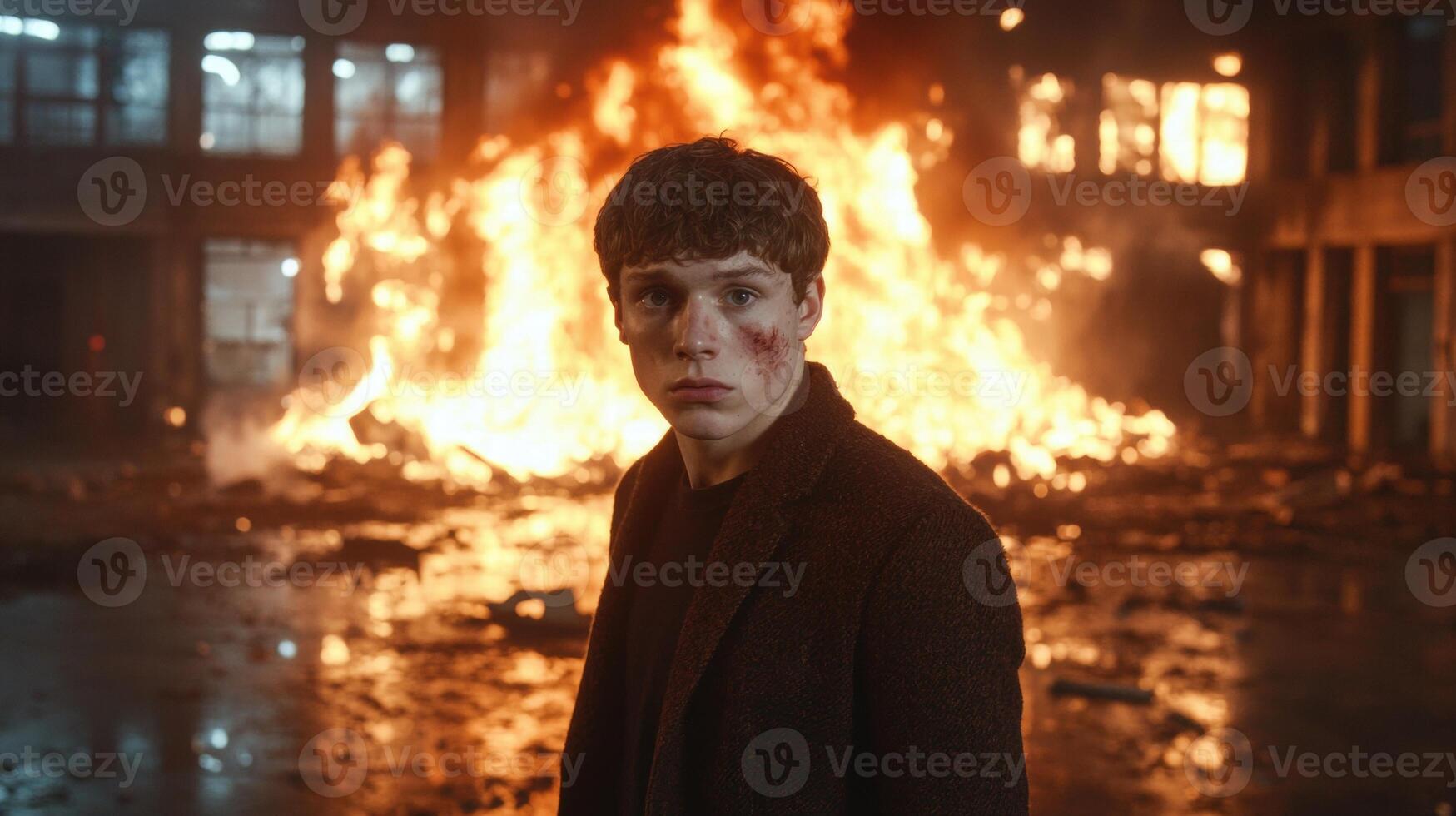 young man in front of burning building photo