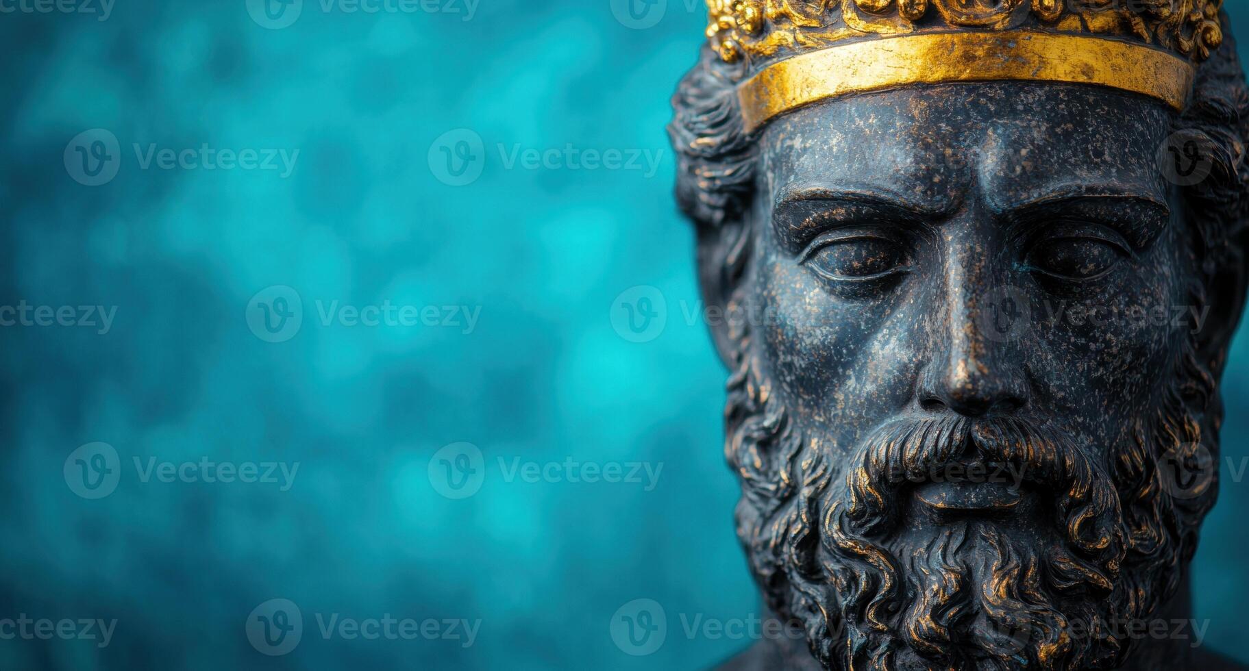 Closeup of an ancient bronze statue with a golden crown photo