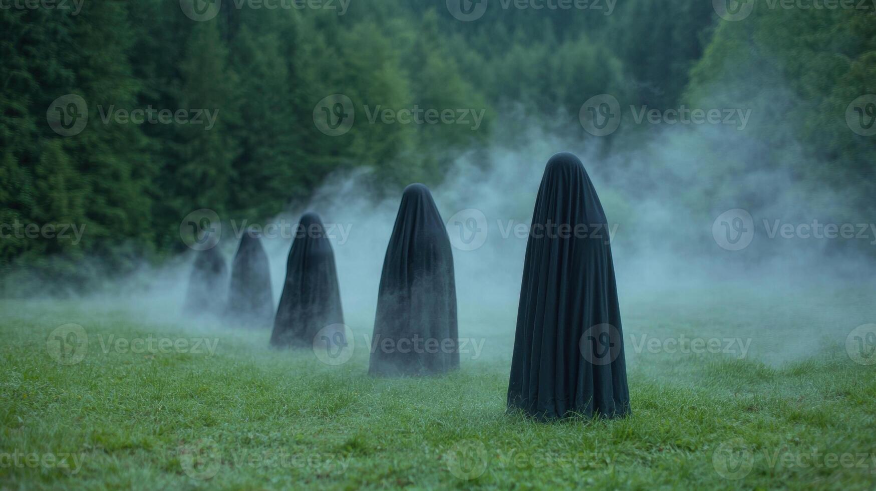 Mysterious cloaked figures in a misty forest photo