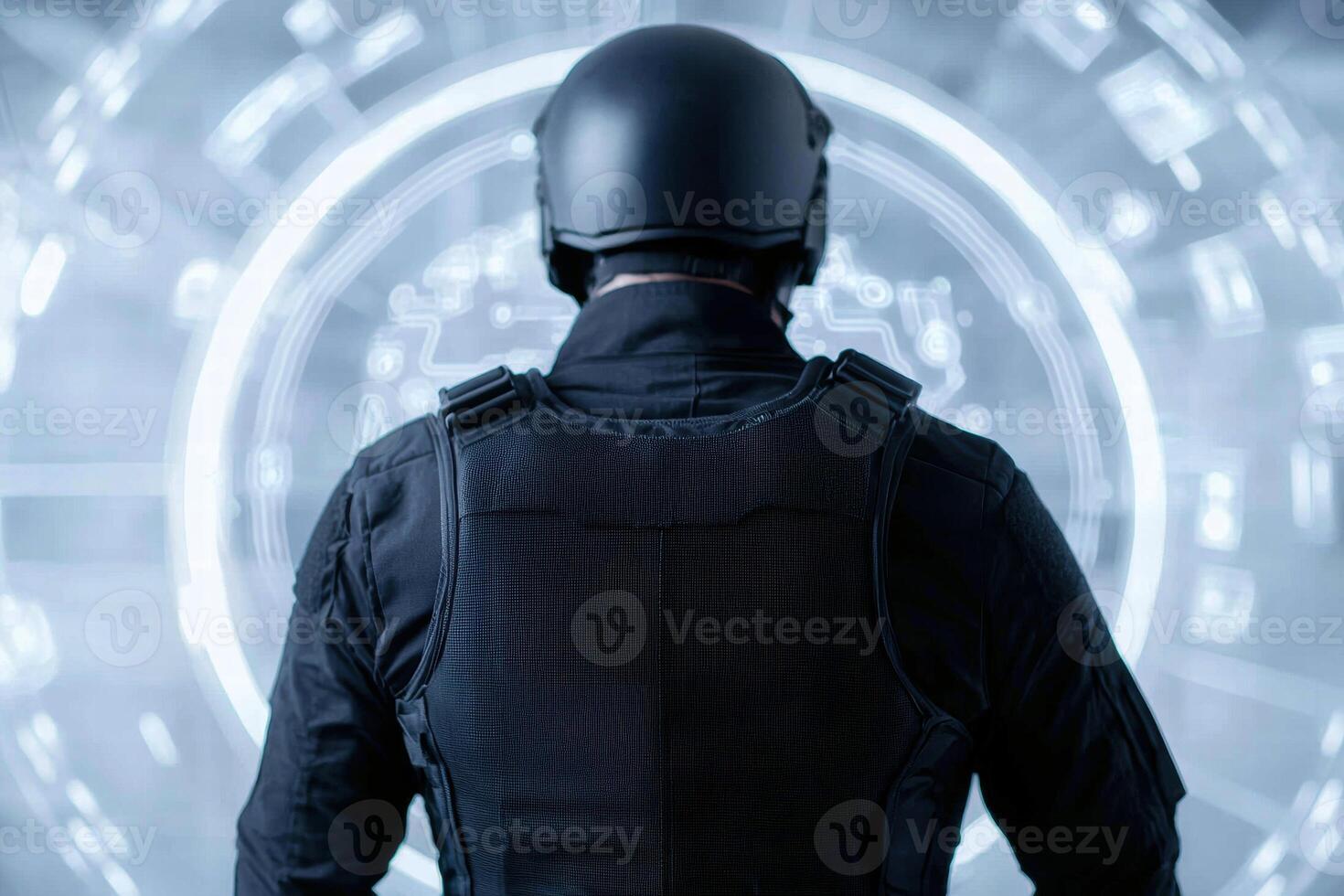 Futuristic astronaut in a high tech spacecraft photo