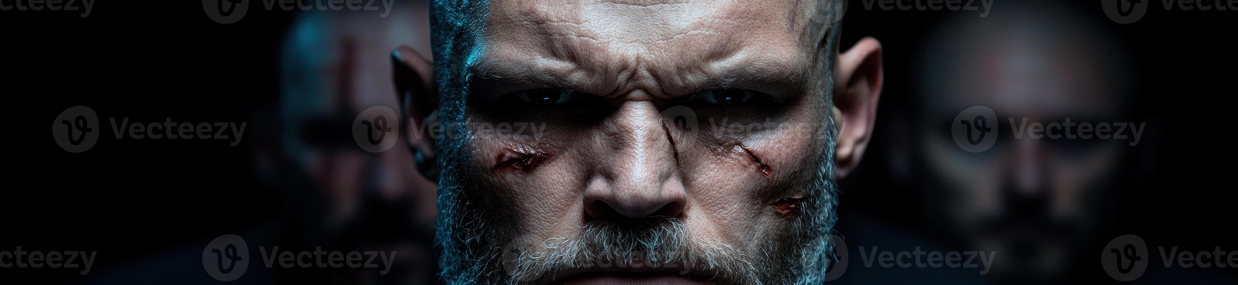 Intense close up portrait of a rugged, bearded man with a serious expression photo