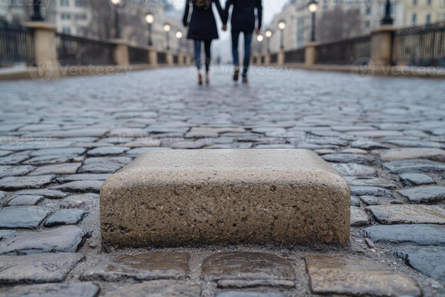 two people walking on a wet cobblestone street photo