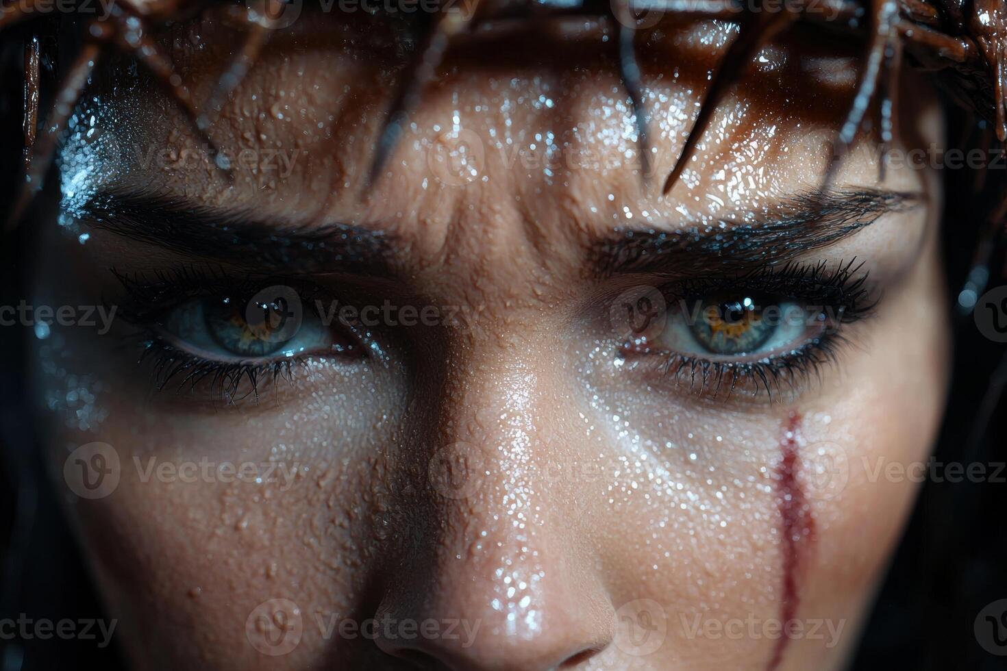 Close up of a persons face with water droplets photo