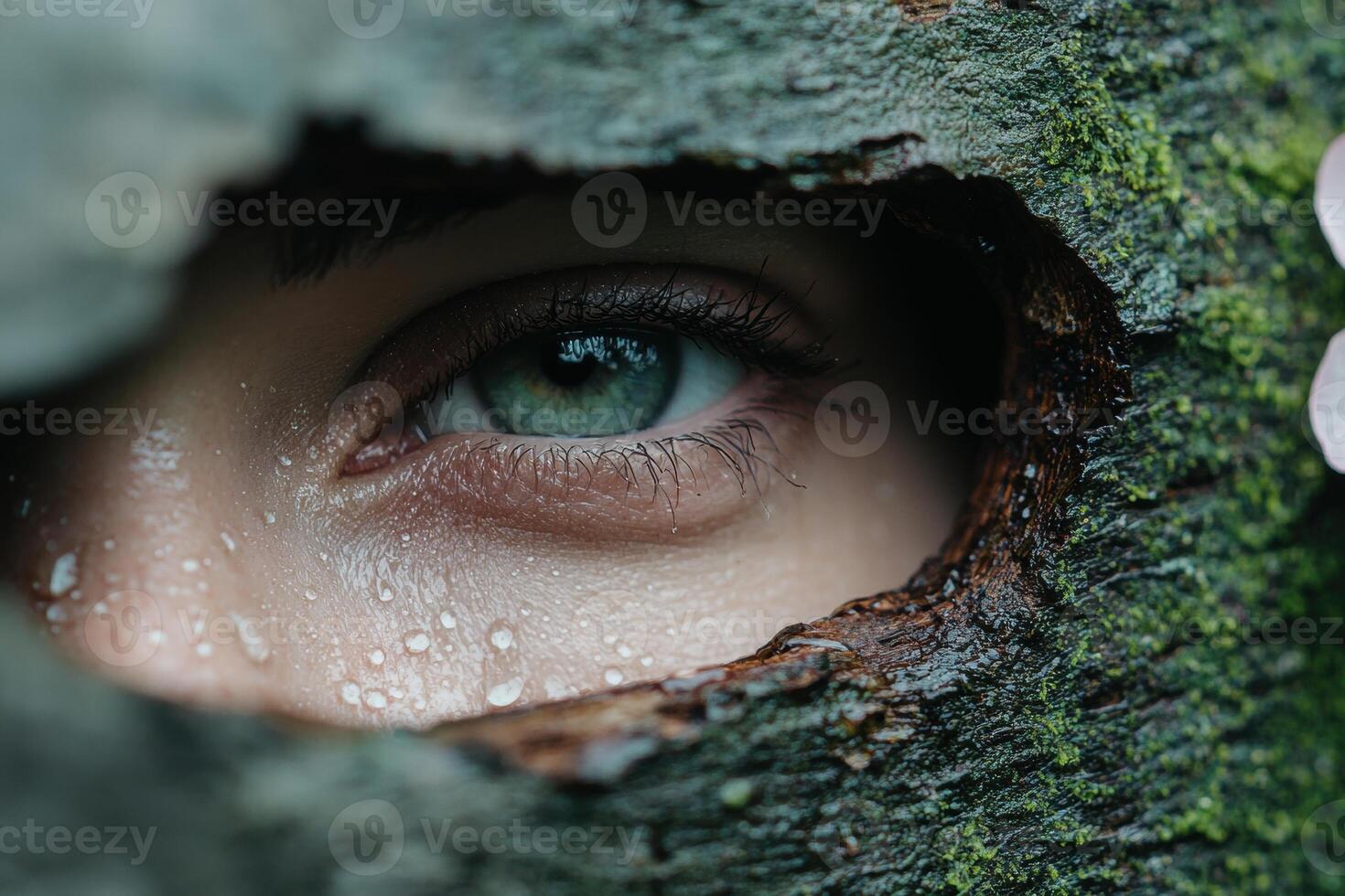 Mysterious green eye peeking through mossy tree bark photo