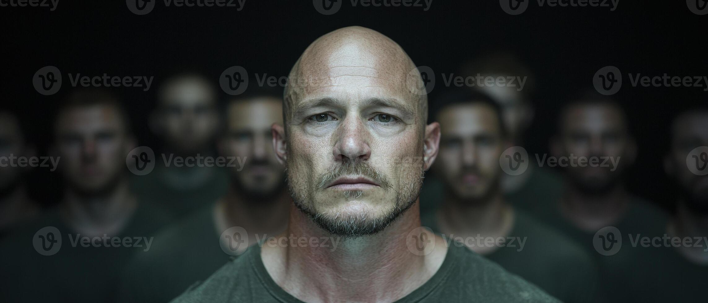 Serious bald man with beard looking at camera photo