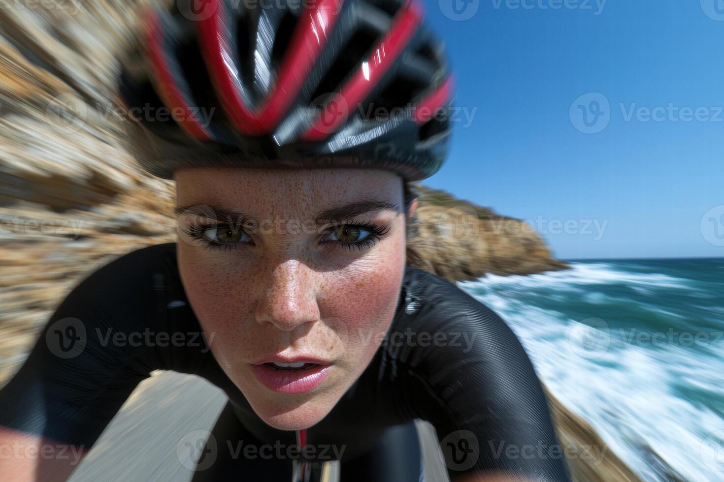 adventurous cyclist riding along coastal road photo