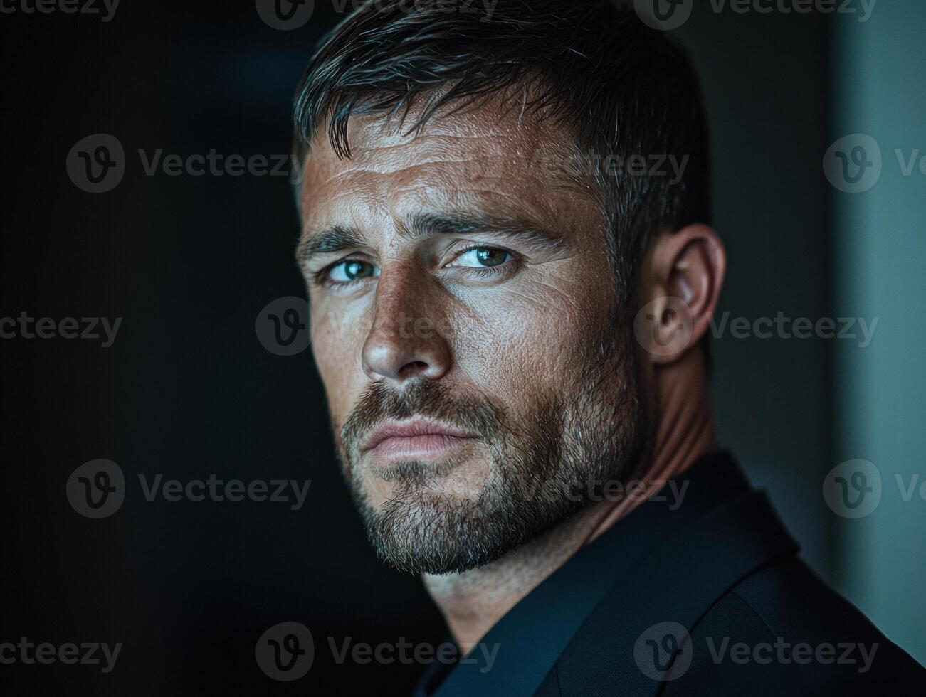 Intense gaze of a serious man with a beard photo