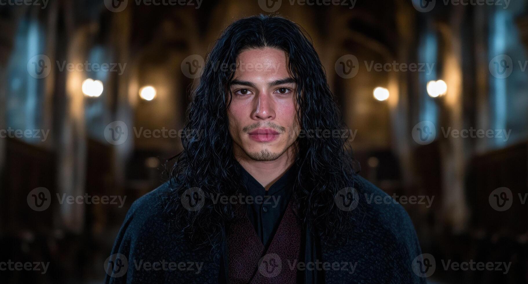 Mysterious man with long dark hair in a dark environment photo