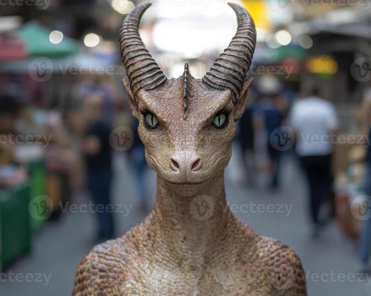 Mythical creature with horns and scaly skin photo
