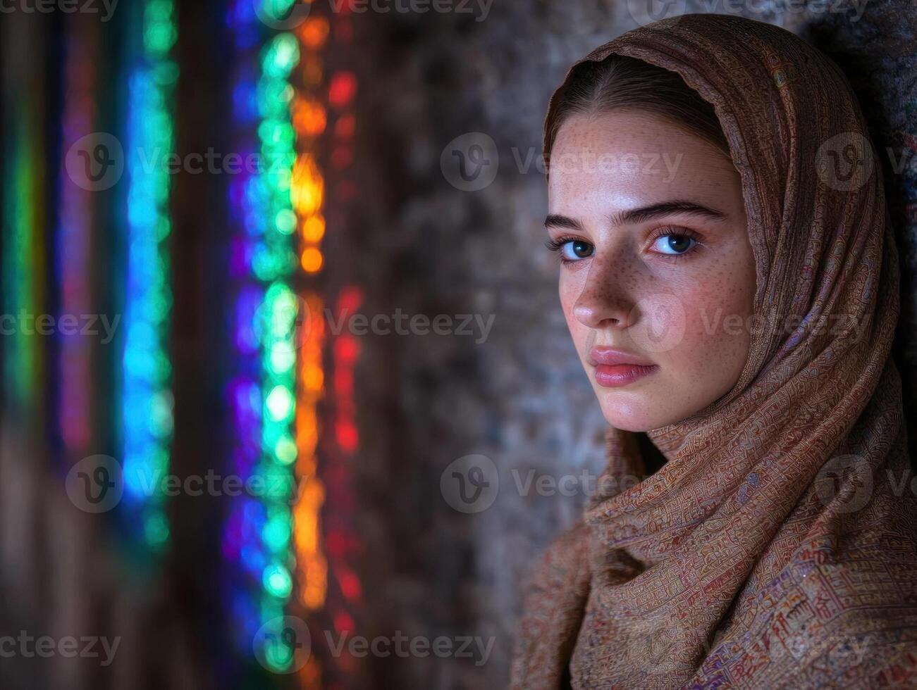 woman in hijab with colorful lights photo