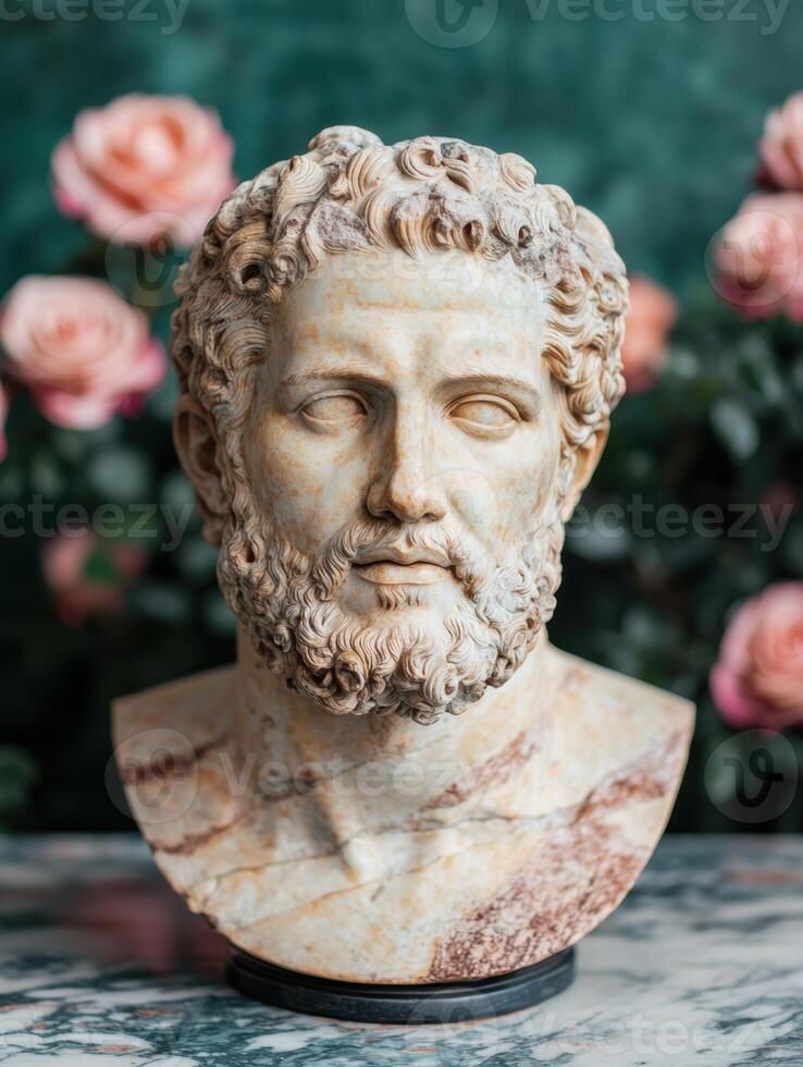 ancient marble bust with curled hair and contemplative expression photo