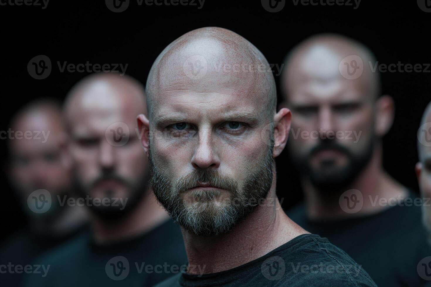 Serious bald man with beard looking intently photo