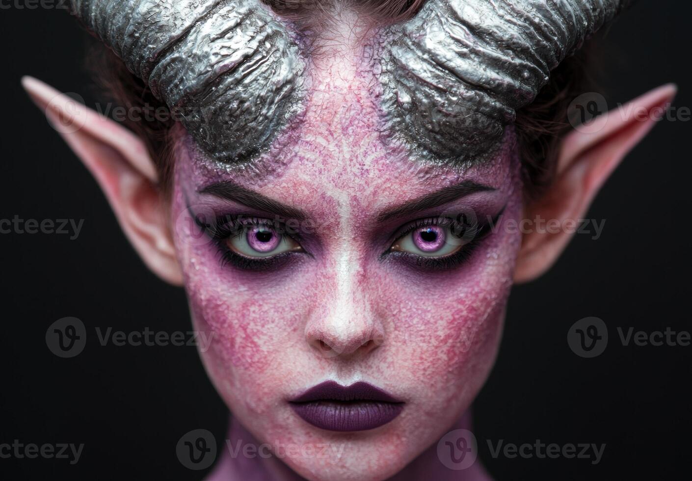 Mysterious alien creature with vibrant pink skin and horns photo