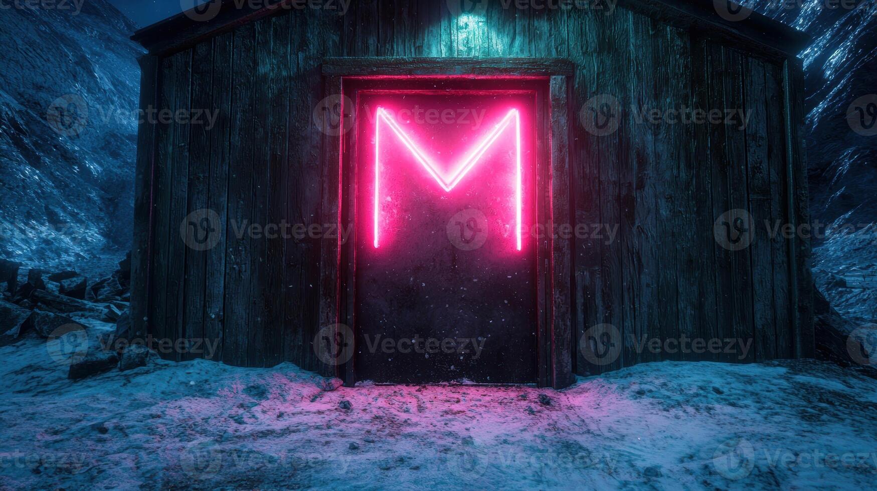 Mysterious glowing doorway in snowy landscape photo
