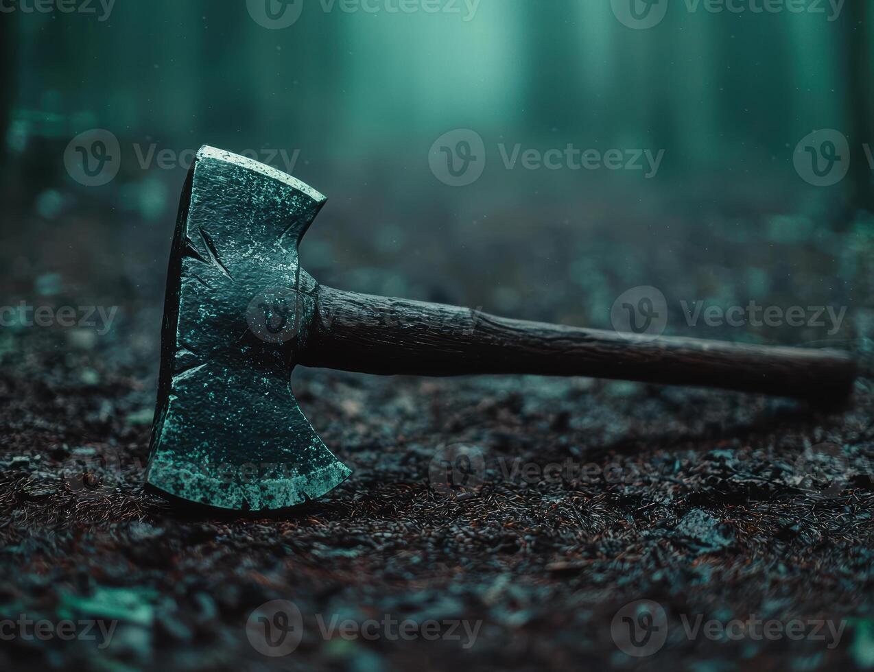 Rugged axe embedded in the earth photo