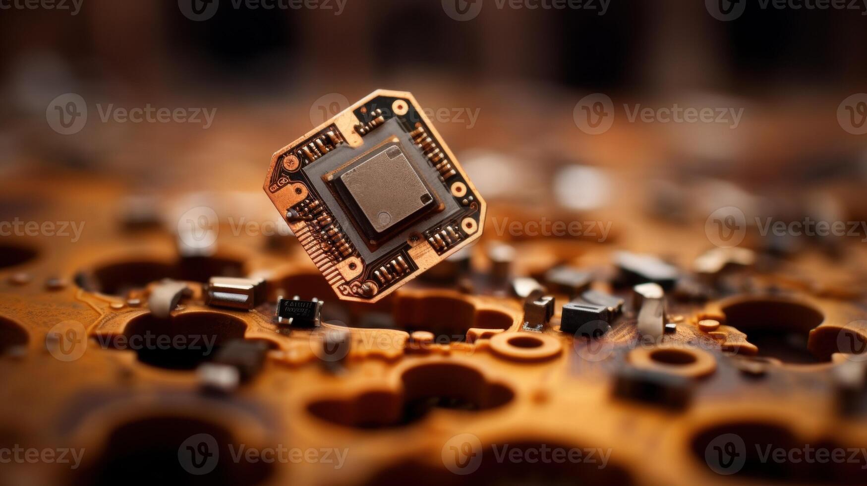 Closeup of a computer microchip on a circuit board photo
