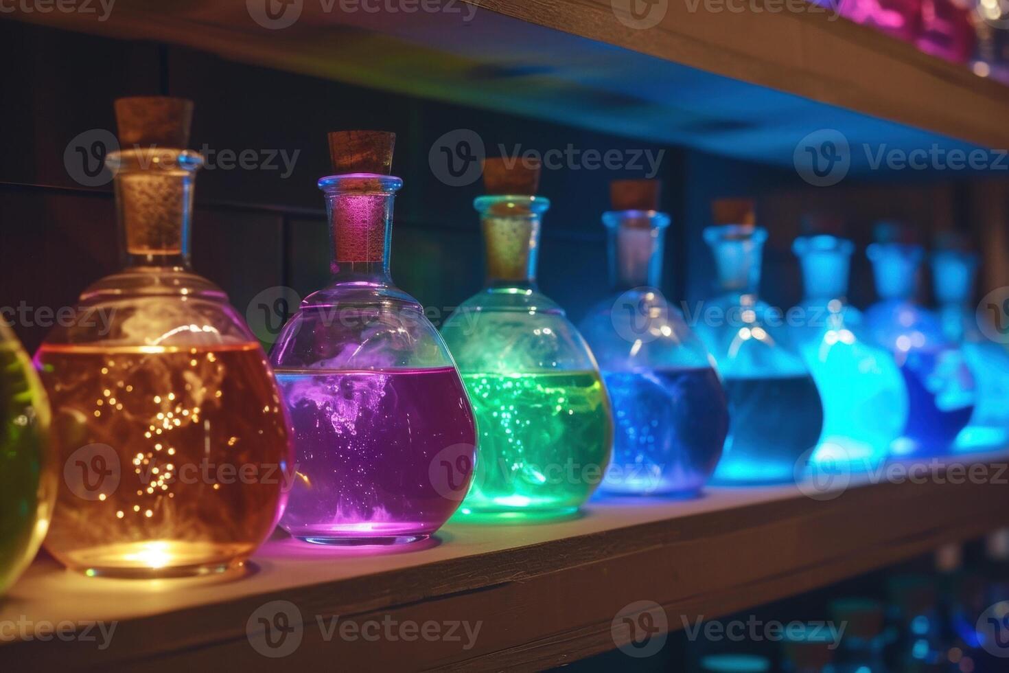 Colorful glass bottles with mysterious liquids on a shelf photo