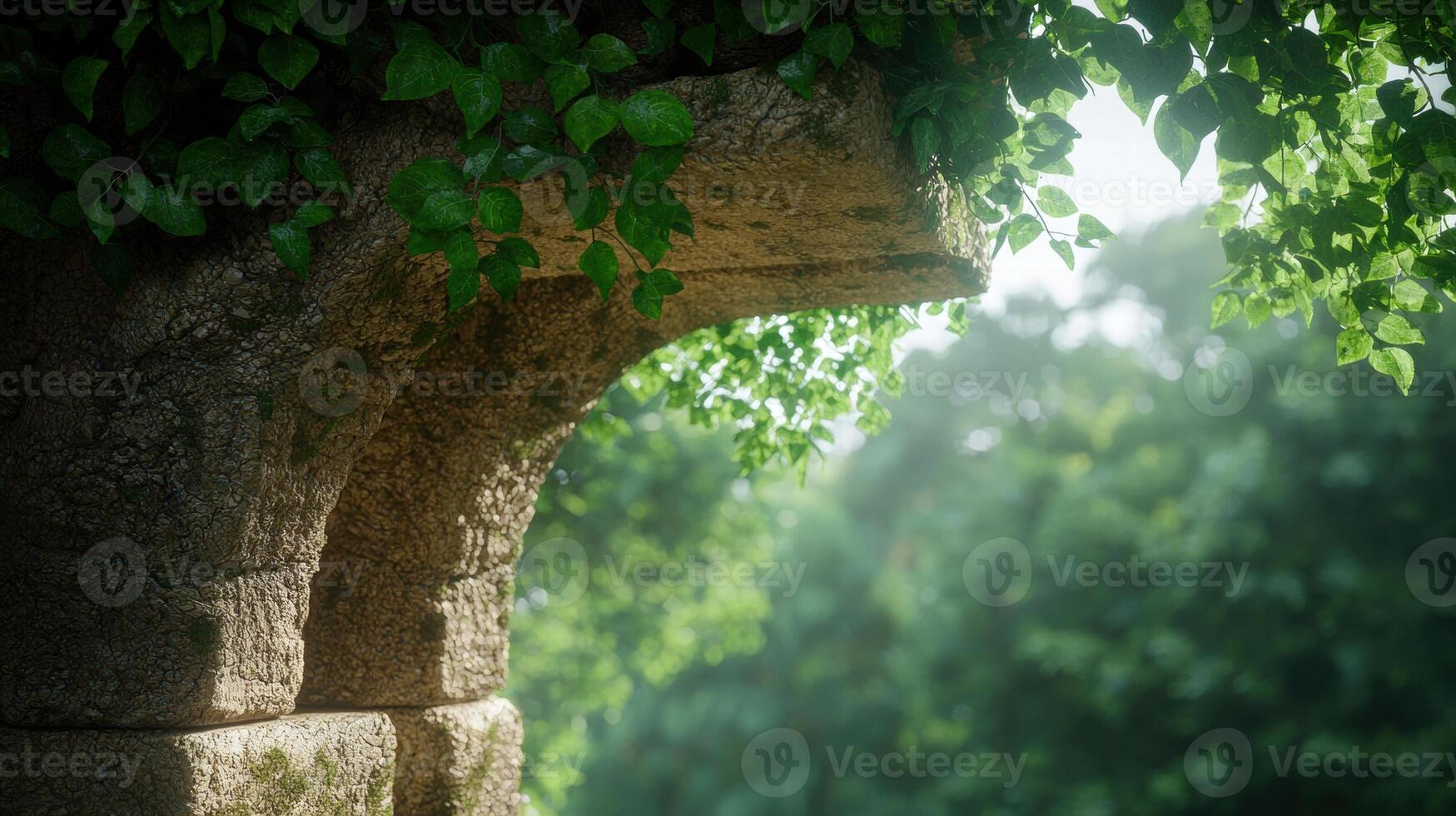 Lush green forest with sunlight filtering through the leaves photo