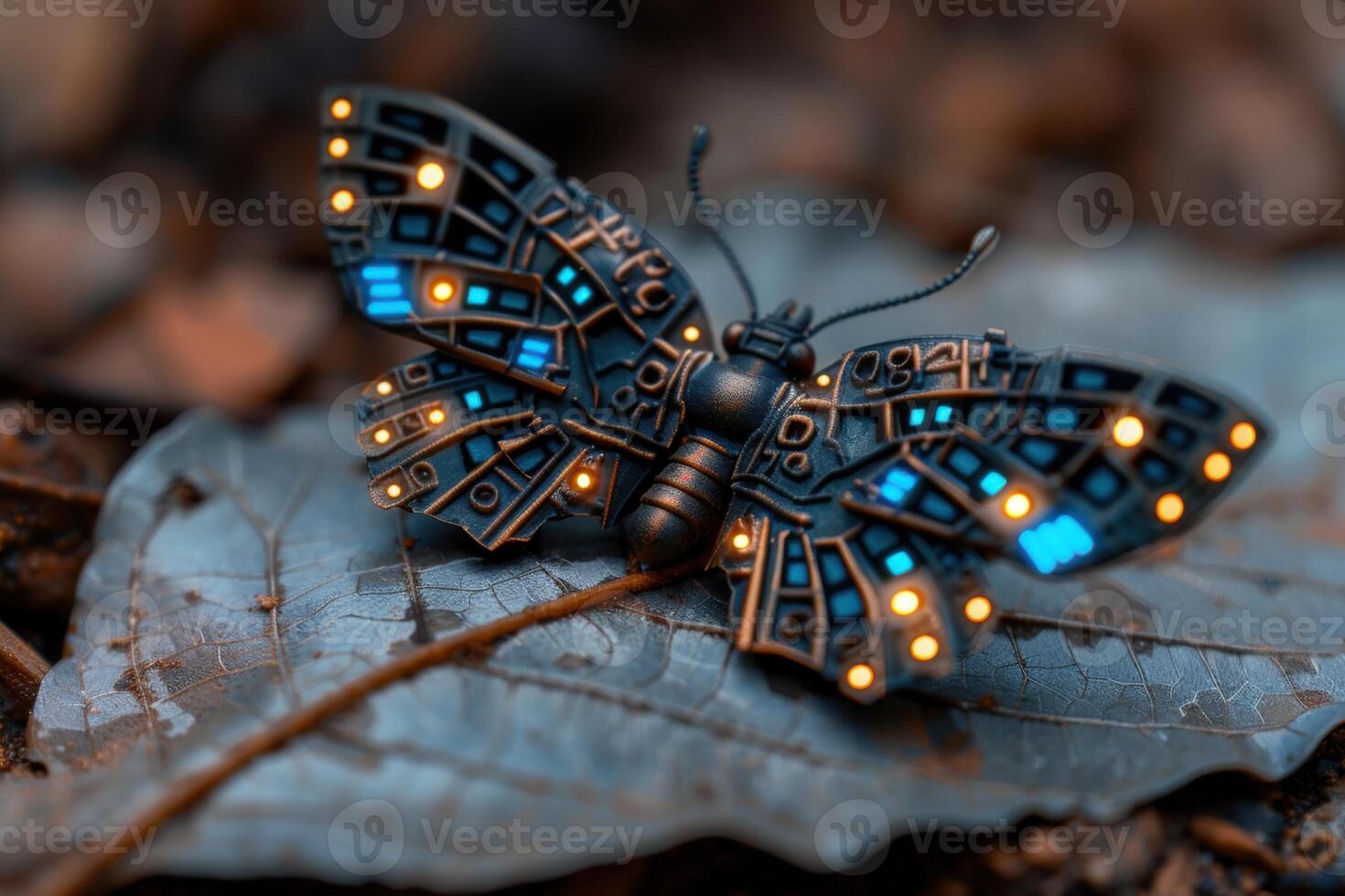 Intricate mechanical butterfly with glowing lights photo