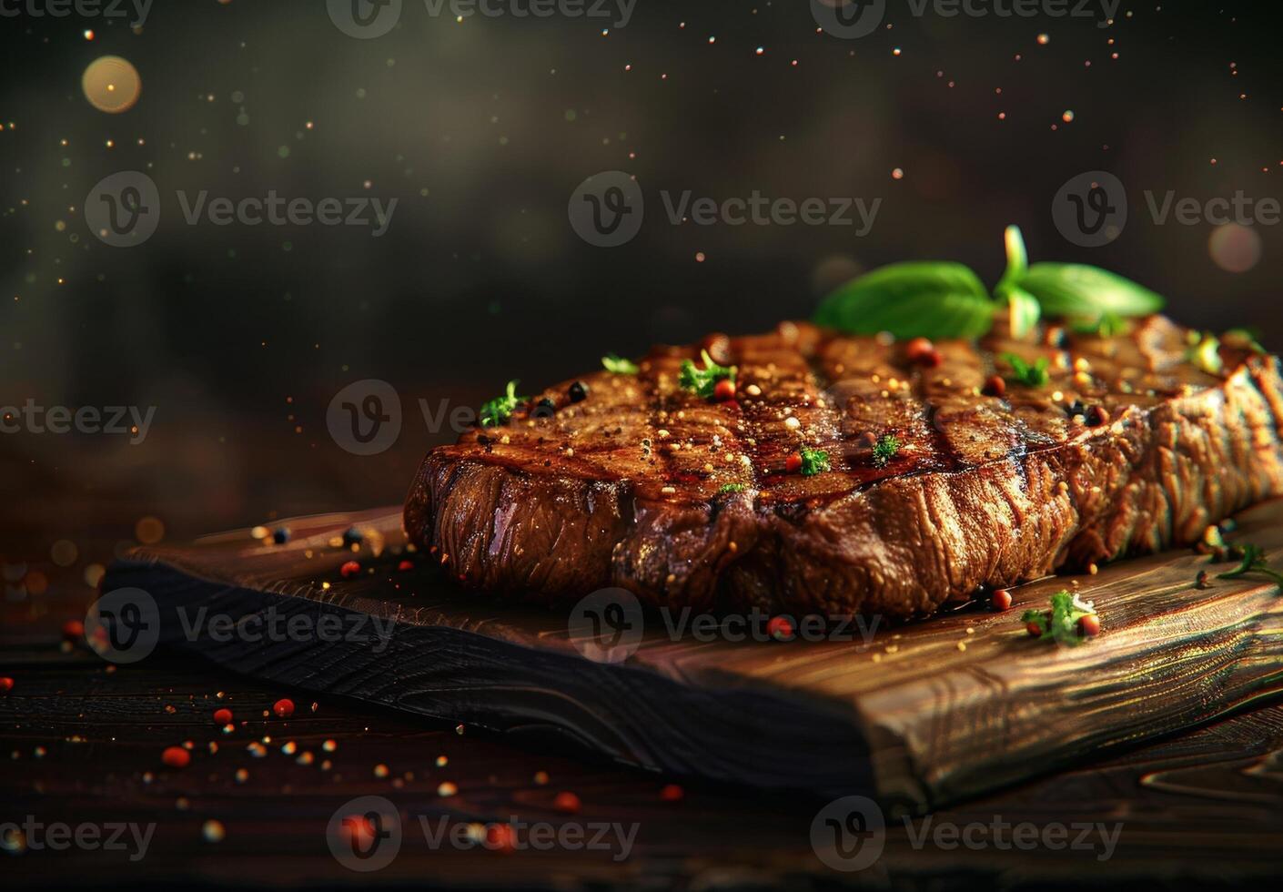 Juicy grilled steak with spices and herbs photo