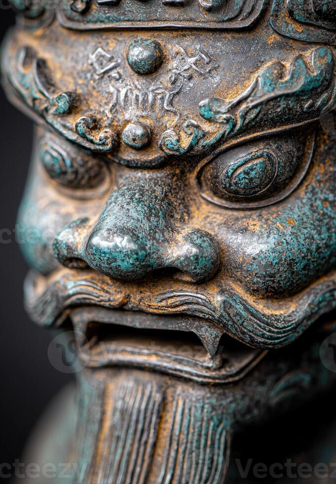 Close up of intricate bronze sculpture with weathered patina photo