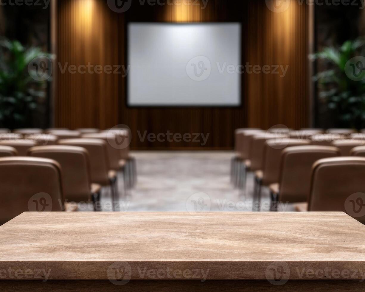 empty auditorium with wooden chairs and projection screen photo