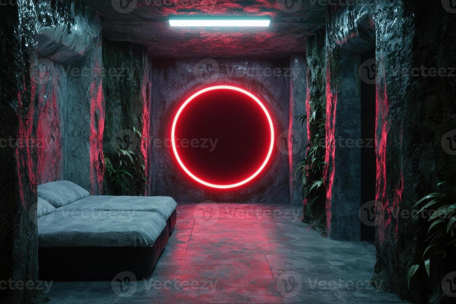 Surreal underground tunnel with glowing red circle photo