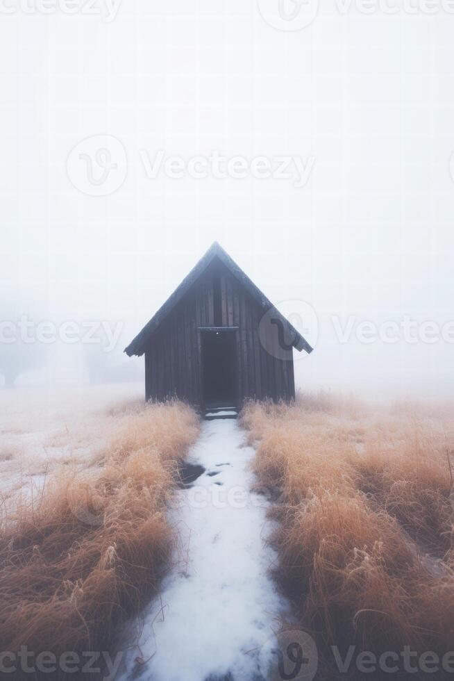 Mysterious cabin in the foggy wilderness photo