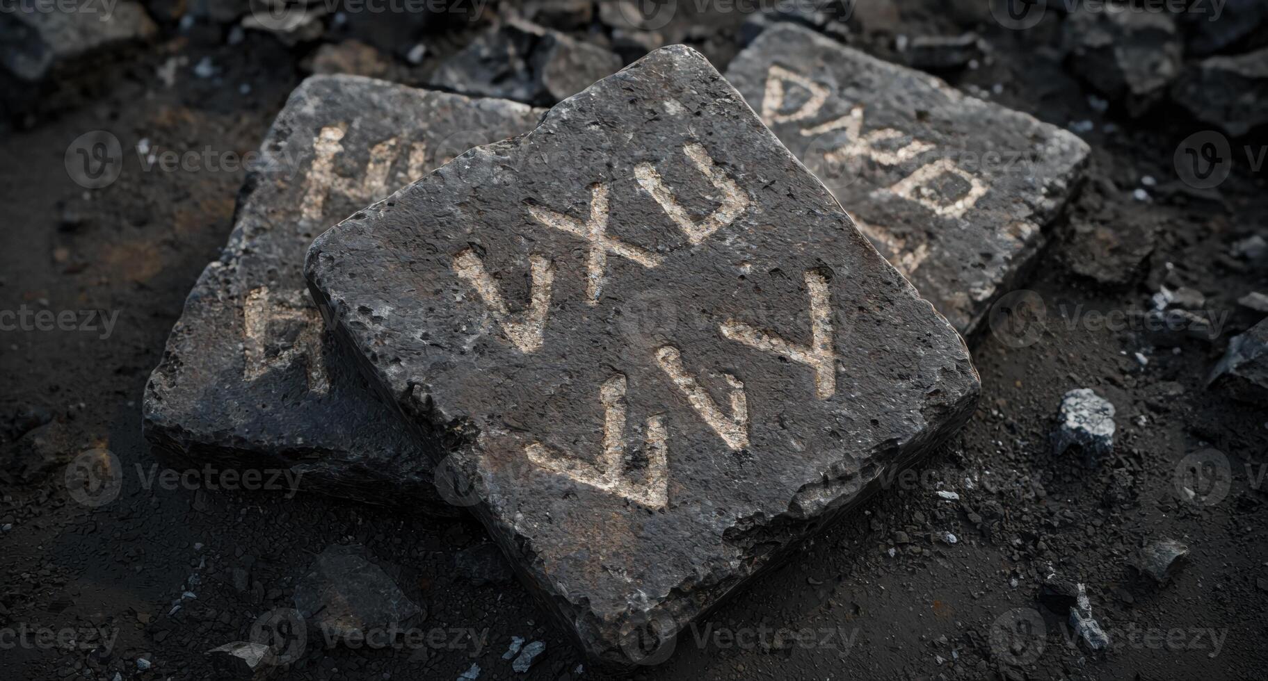 ancient rock carving with mysterious symbols photo