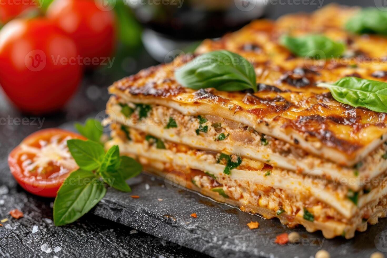 Delicious homemade lasagna with fresh basil and tomatoes photo