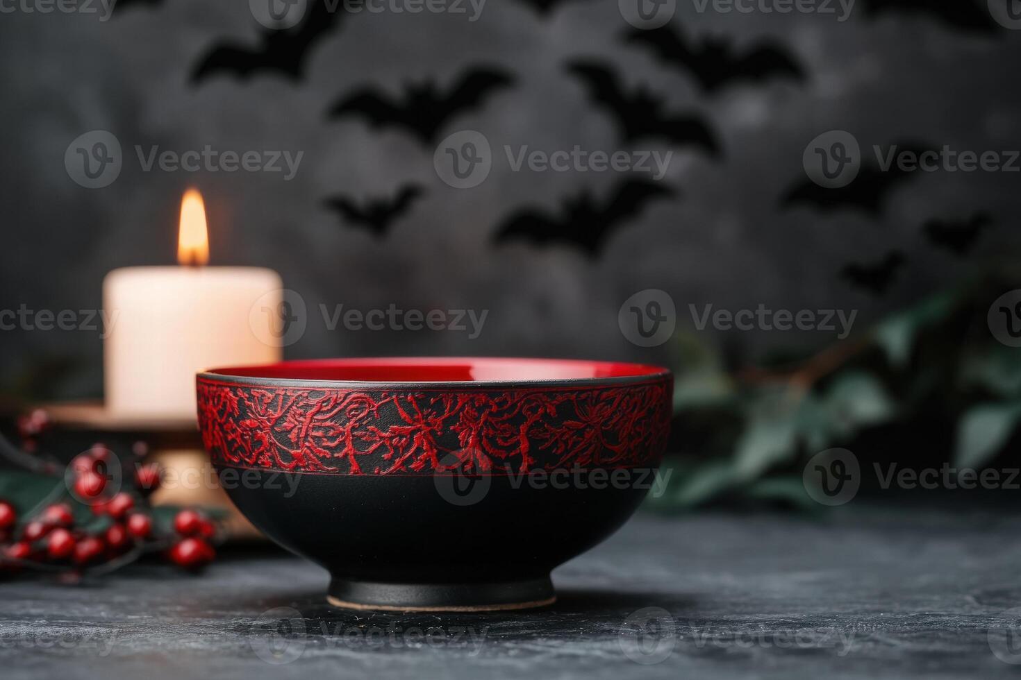 Spooky Halloween scene with candle and bats photo