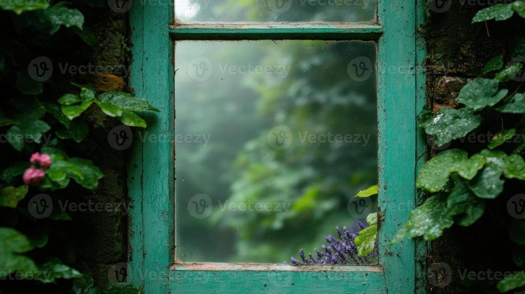 Peaceful garden window view with nature photo