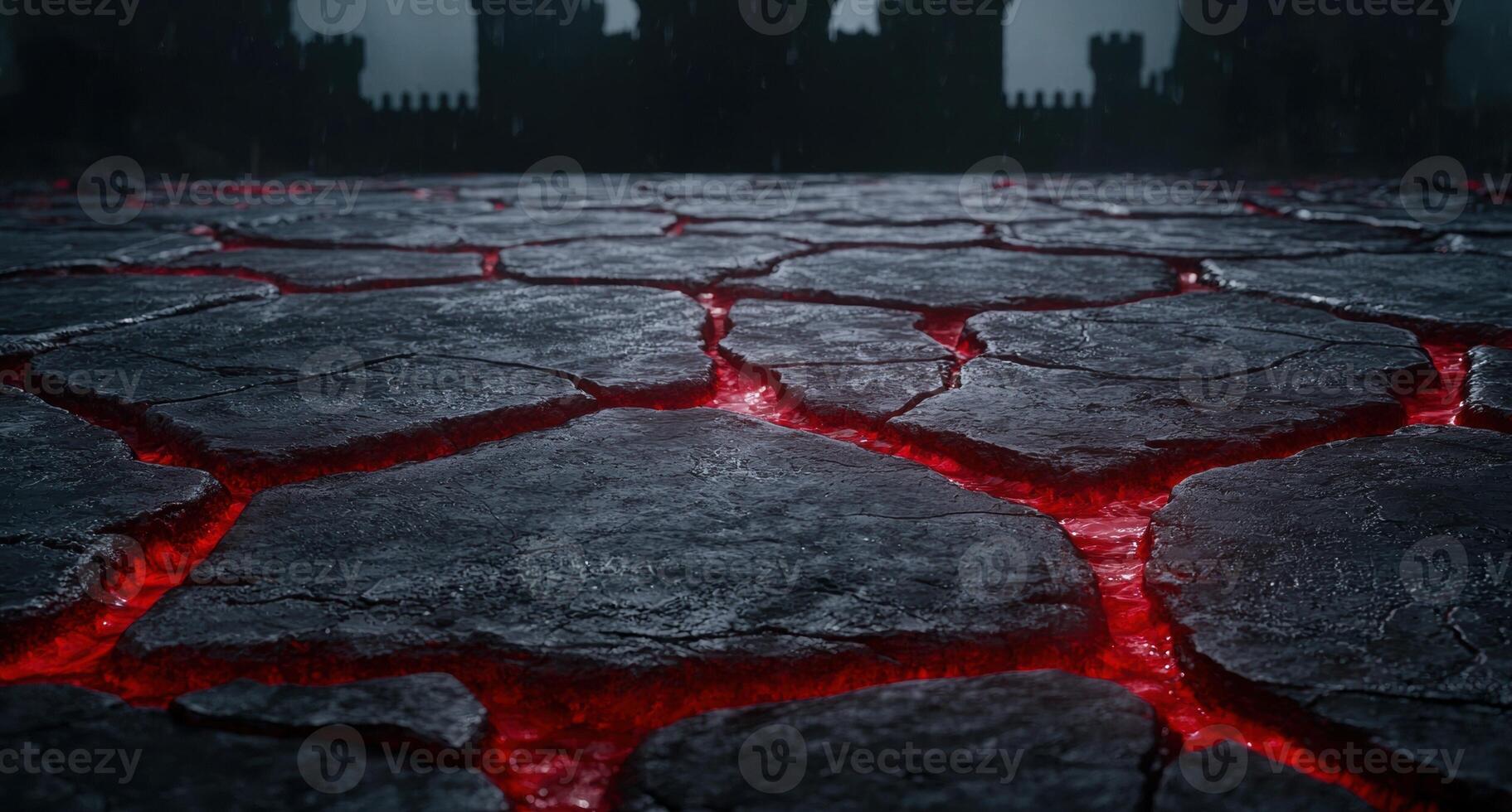Cracked ice with red liquid flowing through photo