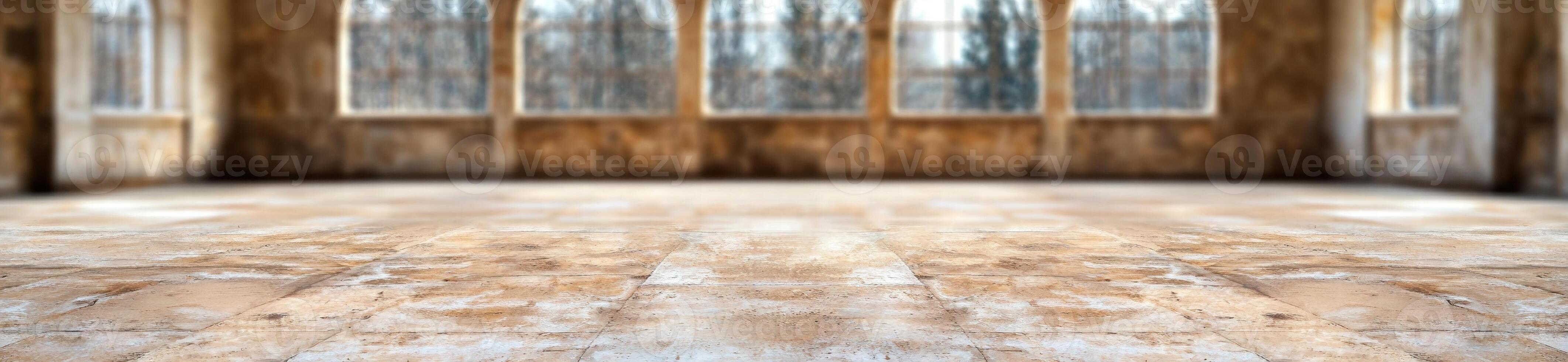 empty wooden floor with blurred windows in background photo