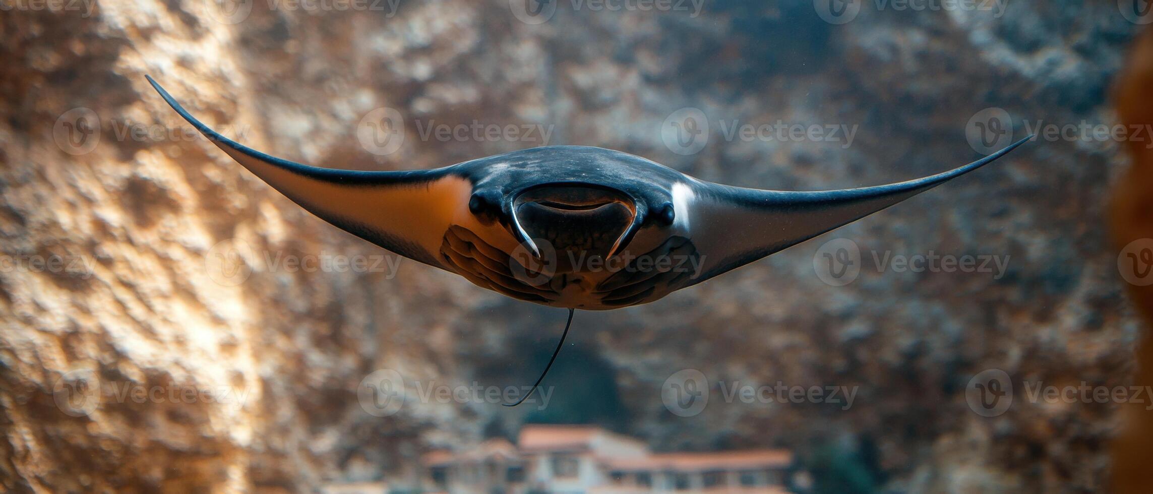 Underwater view of a large manta ray swimming photo