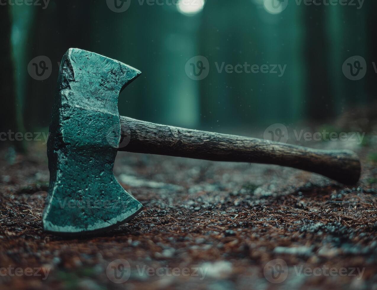 Rugged axe embedded in tree trunk in forest photo