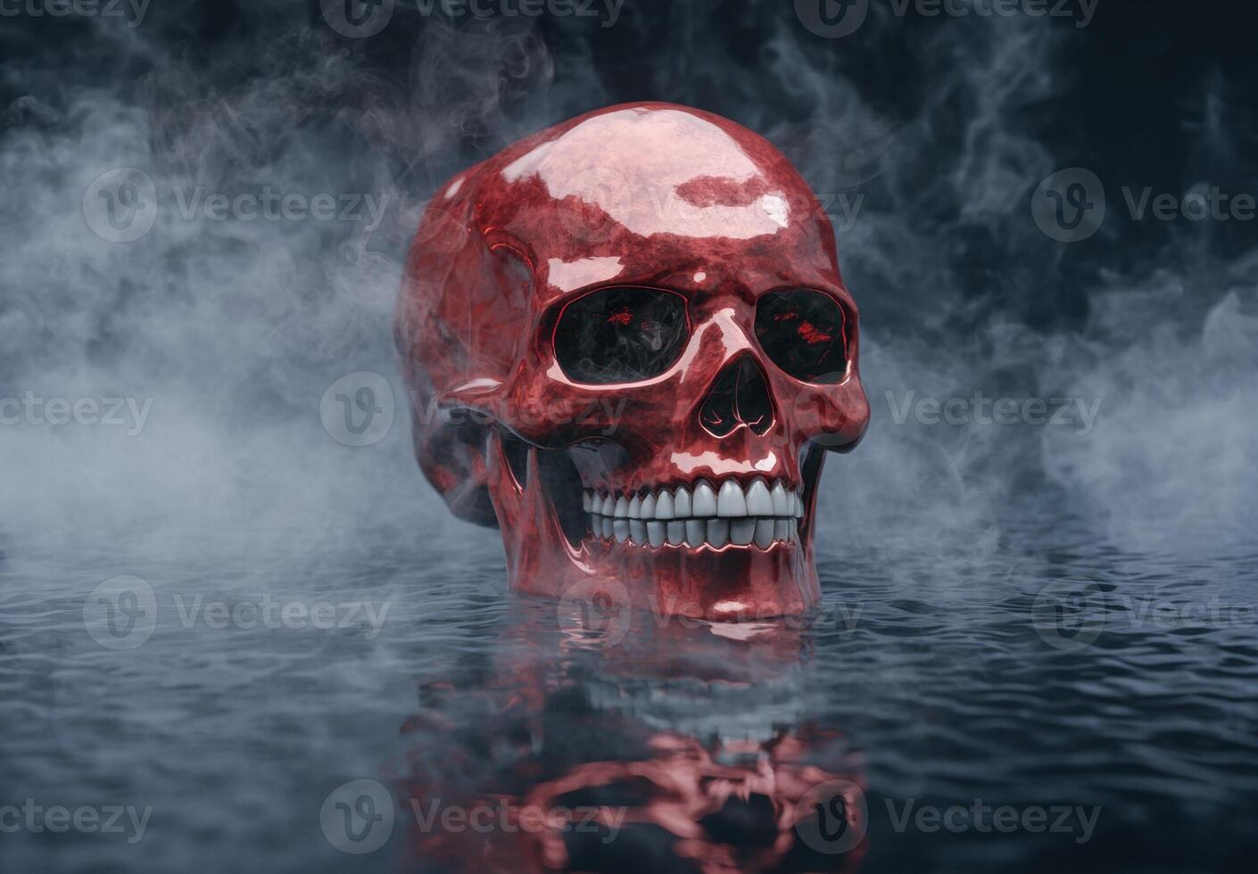 Eerie red skull floating in smoke and water photo