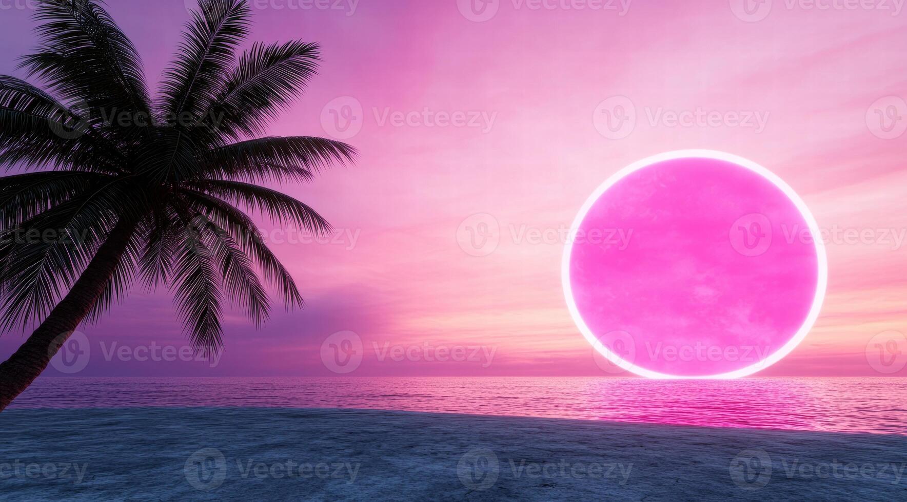 Tropical sunset with glowing pink moon photo